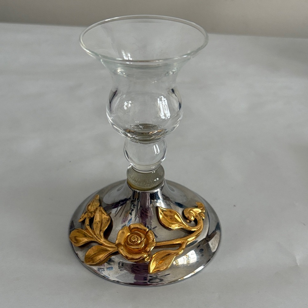 Damask Rose by Oneida Silver Glass Candle Holder with Gold Floral Design